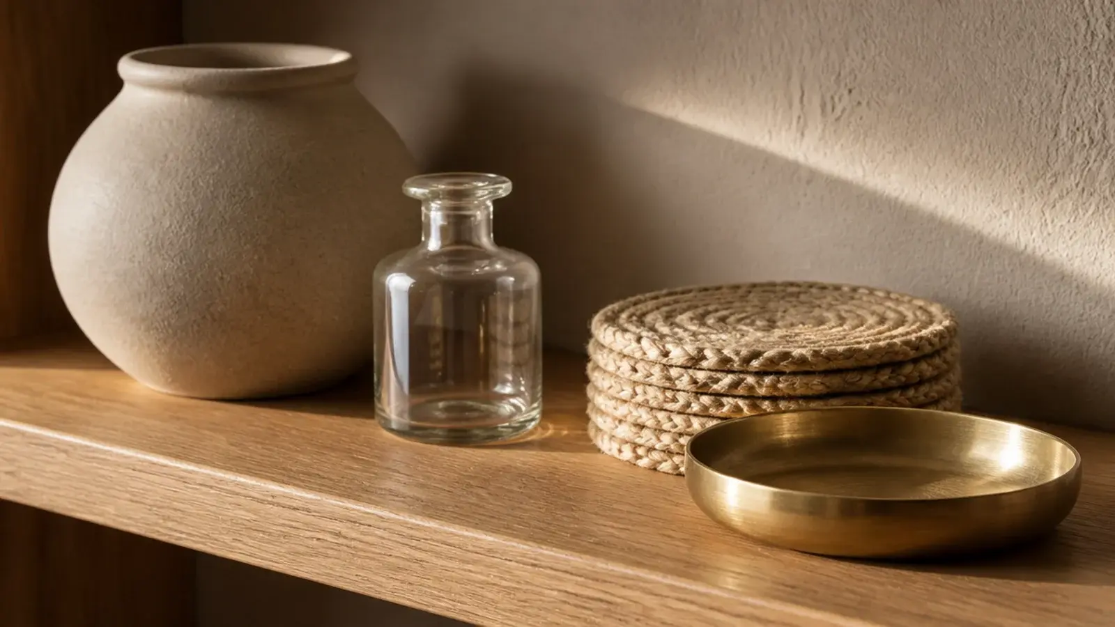 matte stoneware glossy glass and woven jute mixed on a floating shelf