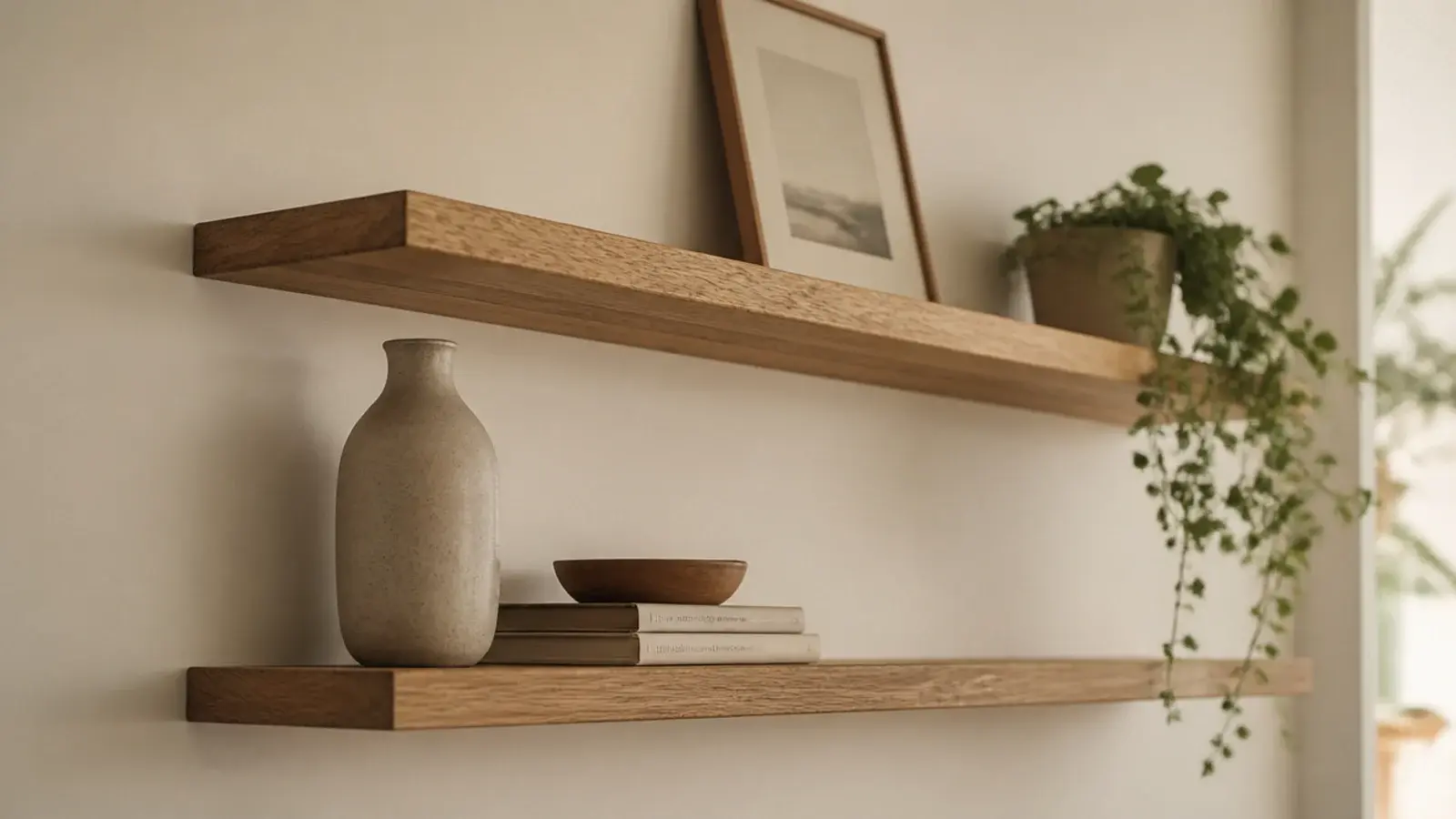 two floating shelves styled as one diagonal triangular composition