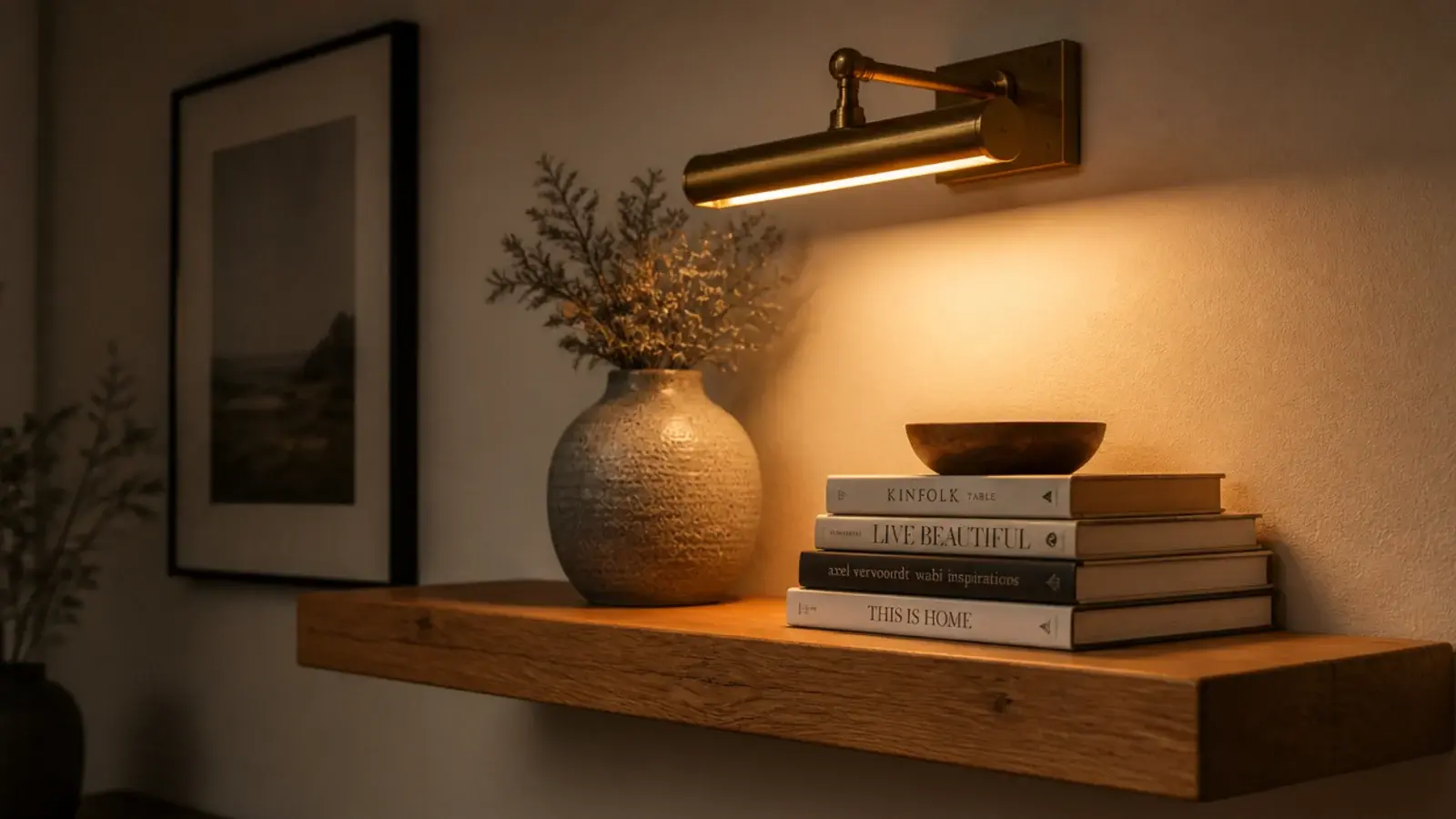 small brass picture light glowing above a styled wooden floating shelf
