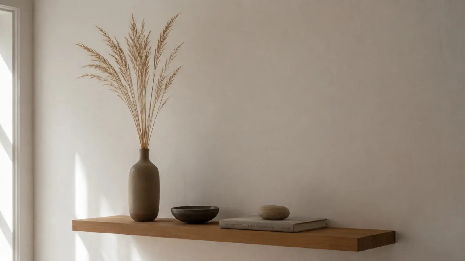 tall dried stems rising above the top line of a floating shelf