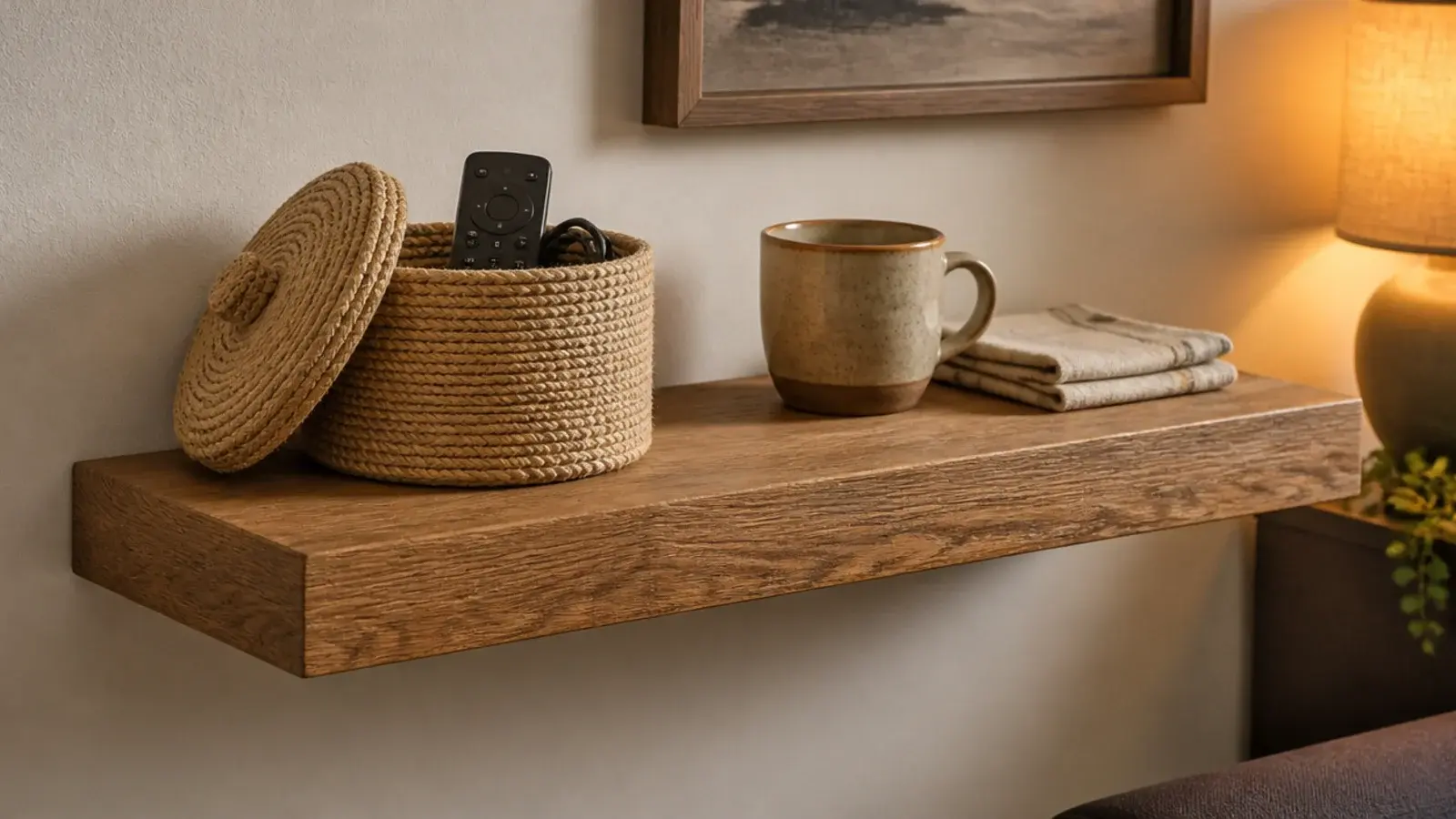woven jute basket hiding cables and clutter on a floating shelf