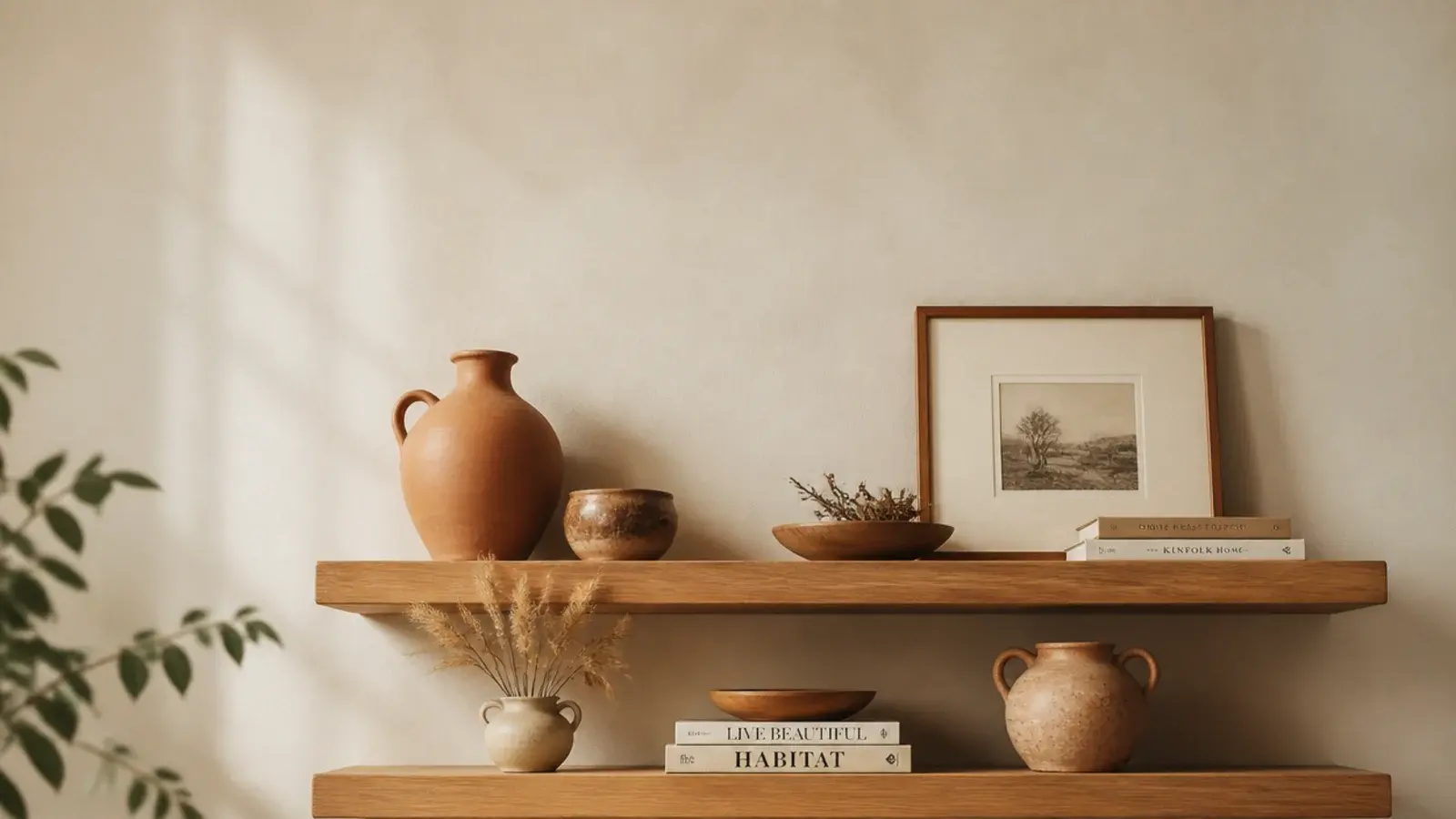 vertical view of a beautifully styled wood floating shelf with pottery