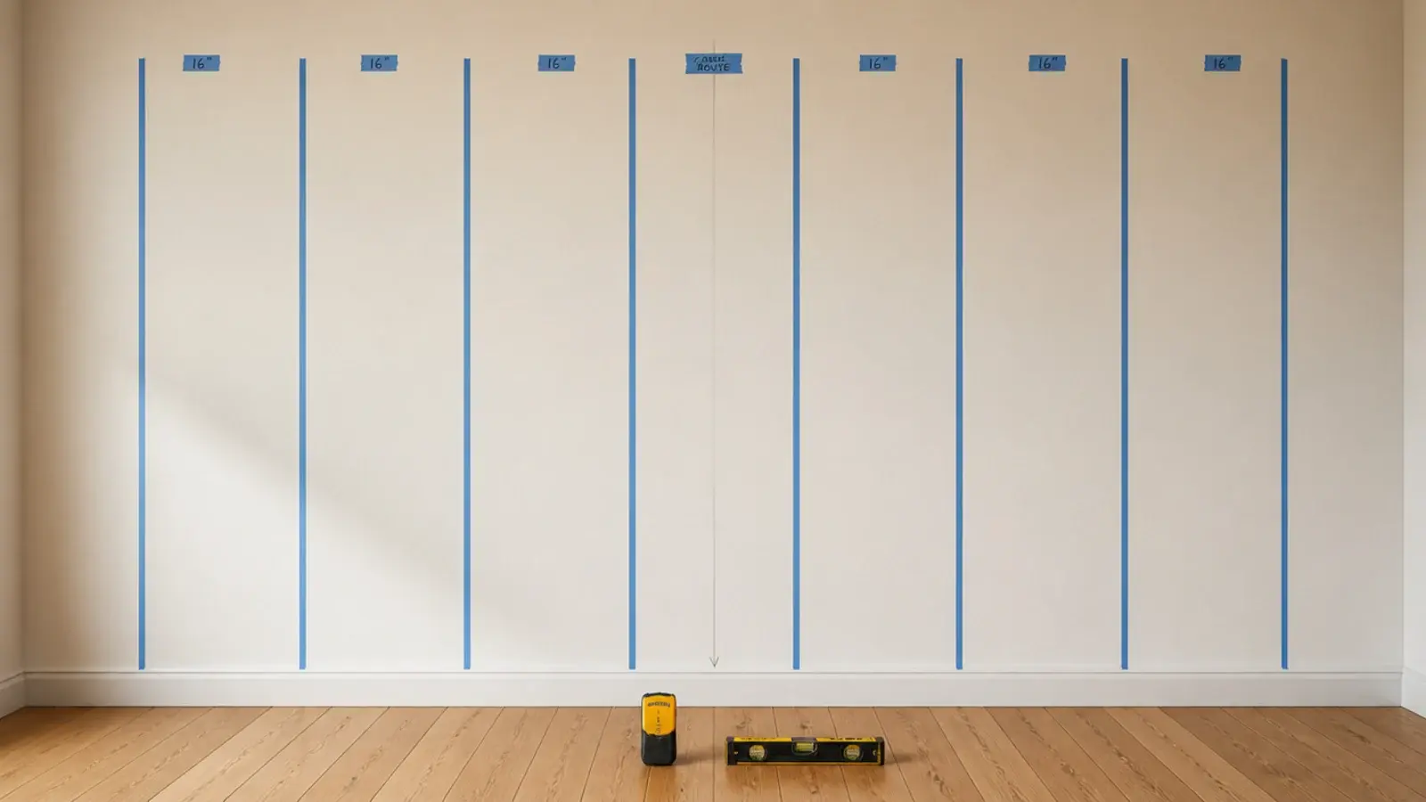 bare tv wall marked with tape showing stud positions and cable route