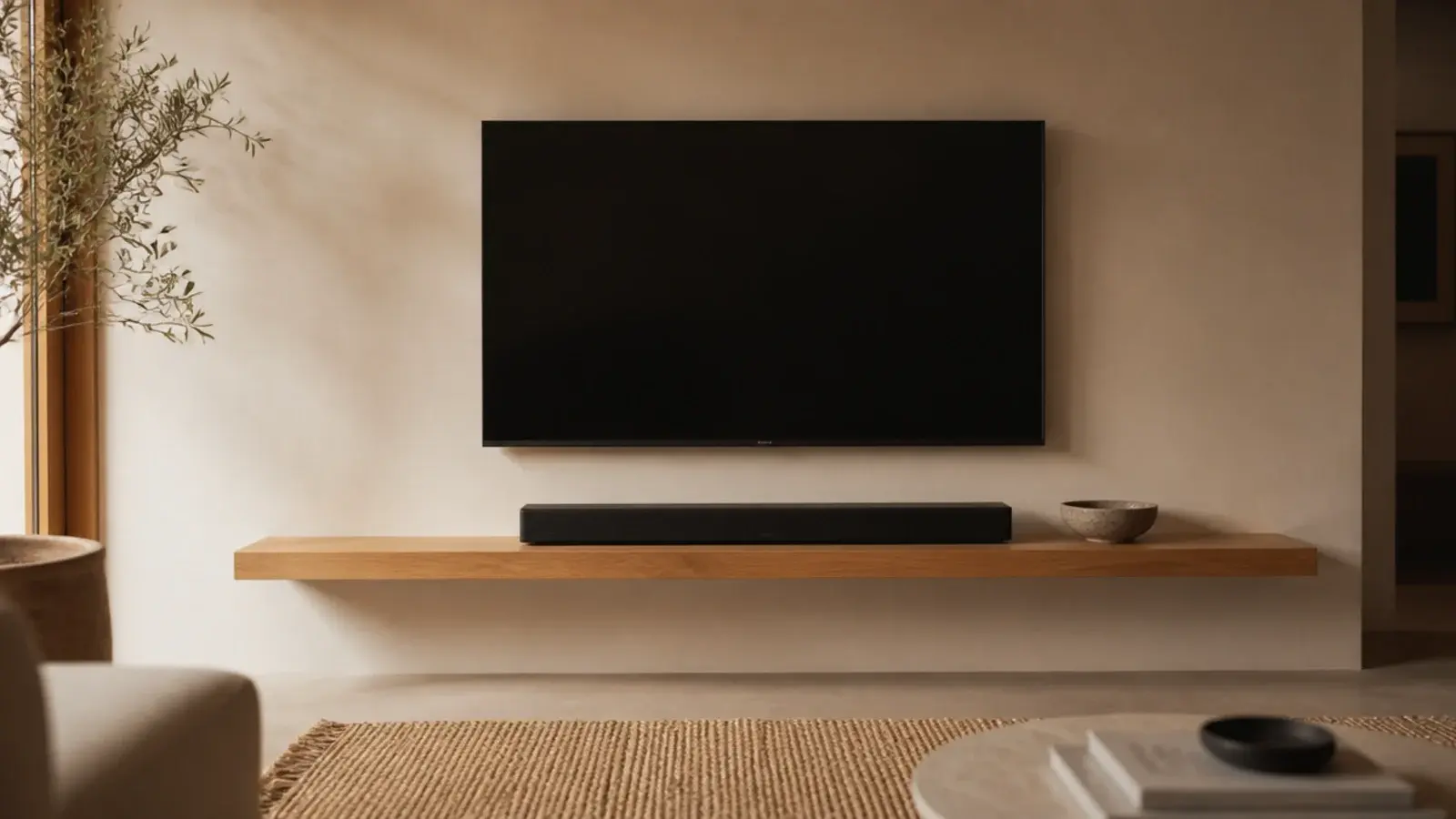 long floating shelf beneath a wall mounted tv holding a soundbar