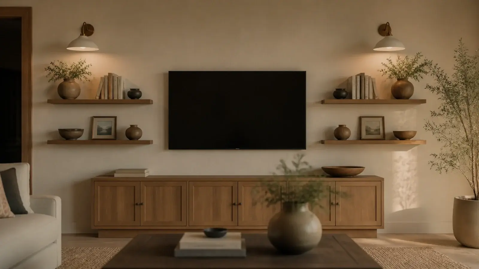 two matching floating shelves mounted either side of a flat screen tv