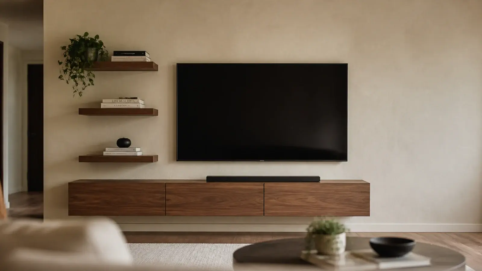 floating shelves stacked on one side of a tv leaving the other bare