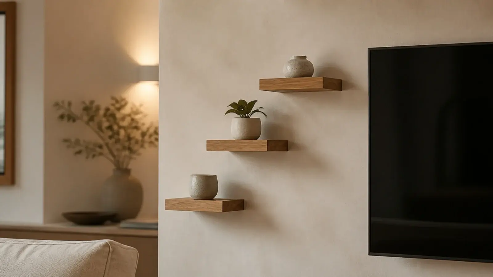 short floating shelves rising in steps beside a mounted television