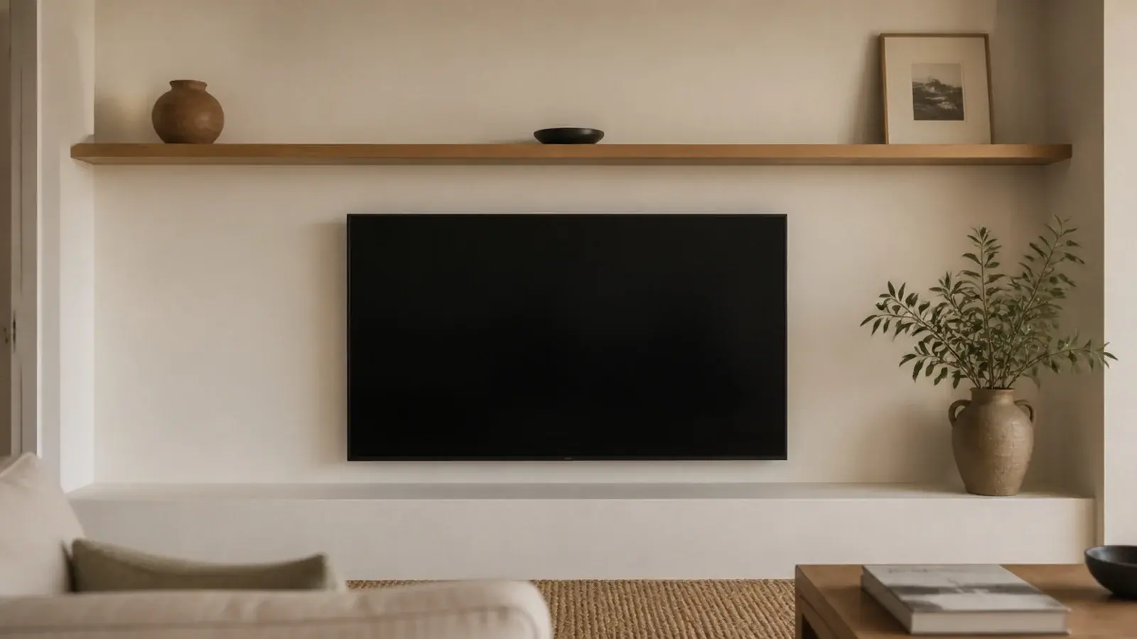 long floating shelf mounted above a tv with generous clearance