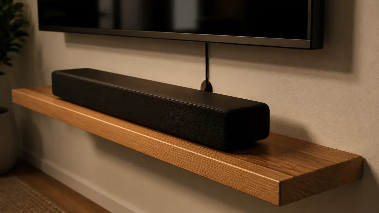 slim floating shelf holding a soundbar directly below a mounted tv