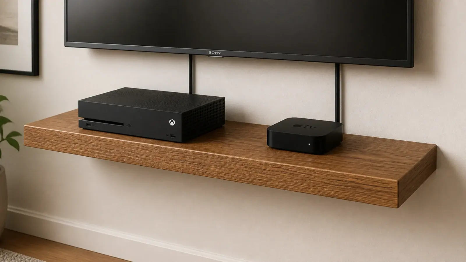 floating shelf holding a games console with open air around it