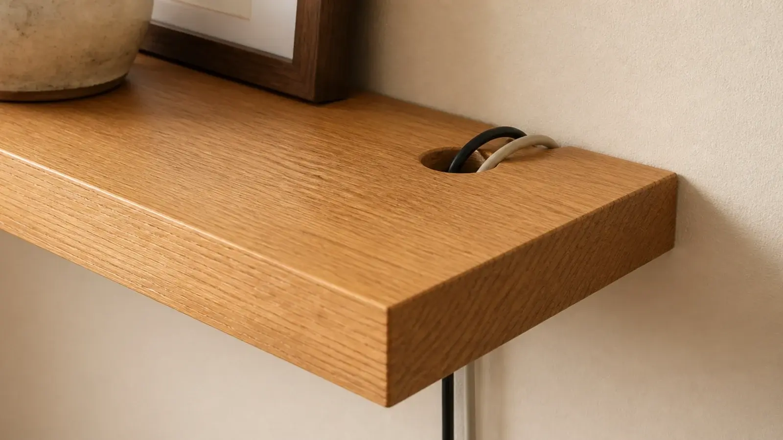 neat one inch cable hole near the back edge of a floating tv shelf