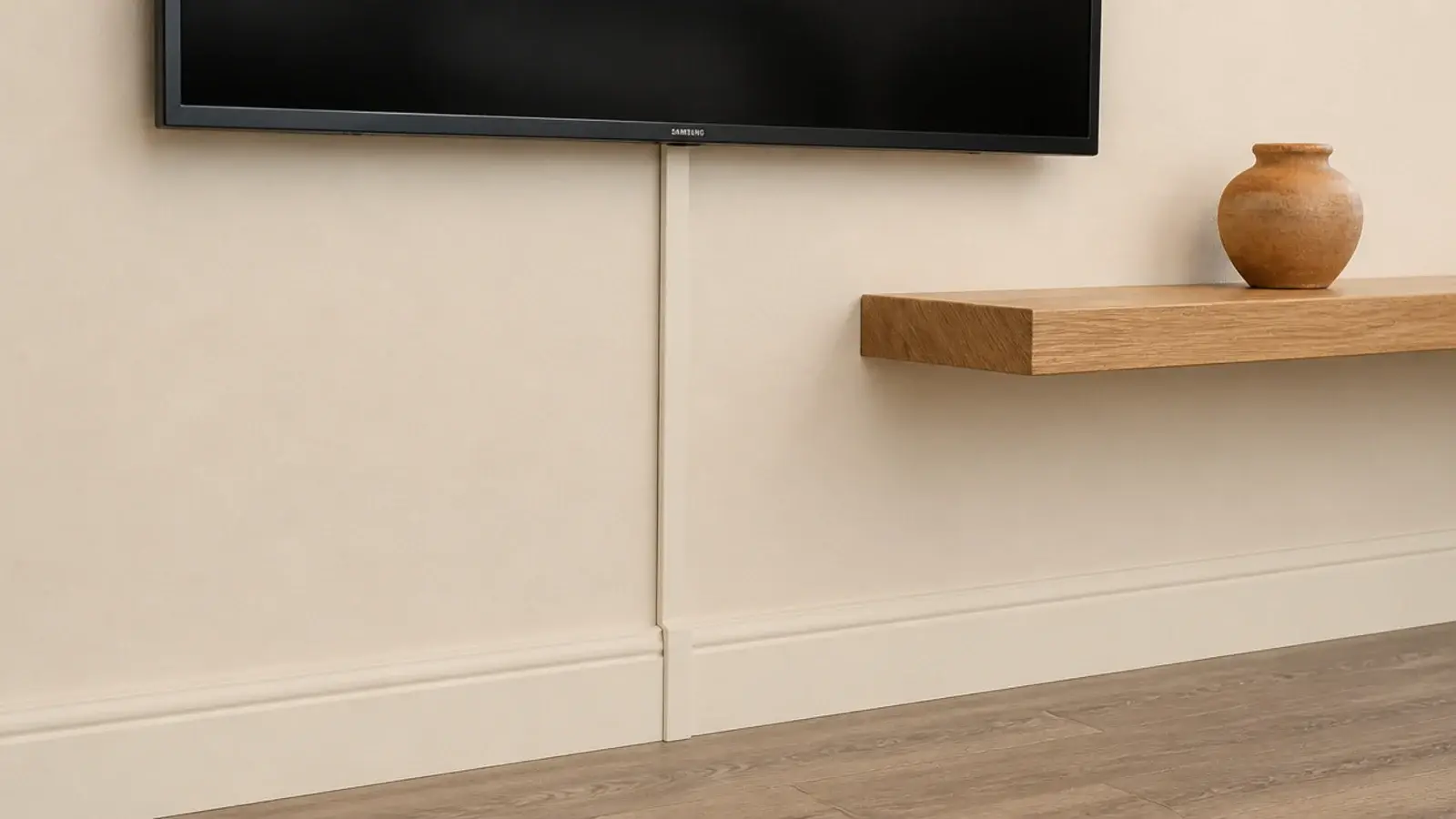 slim cable raceway painted the wall color below a mounted television