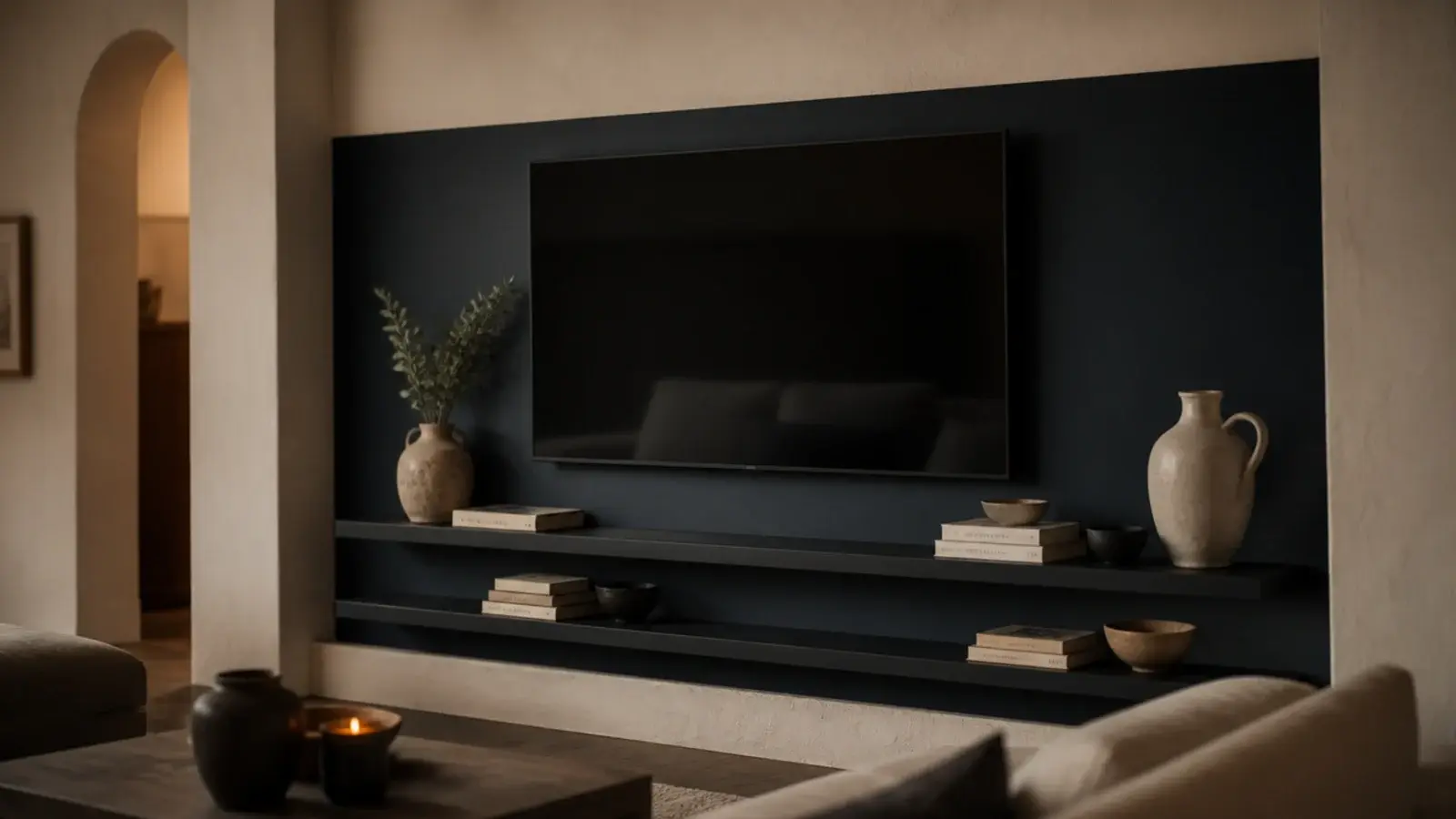 black floating shelves against a dark painted panel around a tv