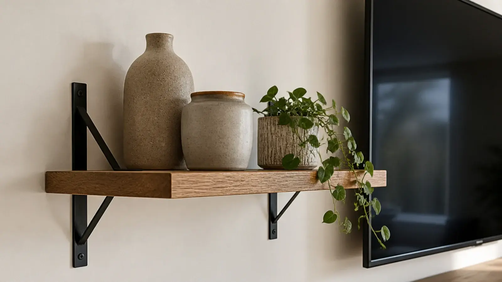 oak floating shelves on slim black brackets beside a mounted tv