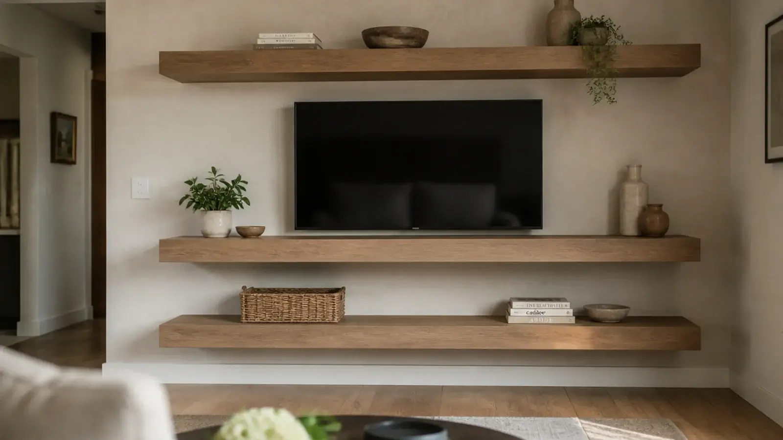 thick built up floating box shelves forming a media wall around a tv