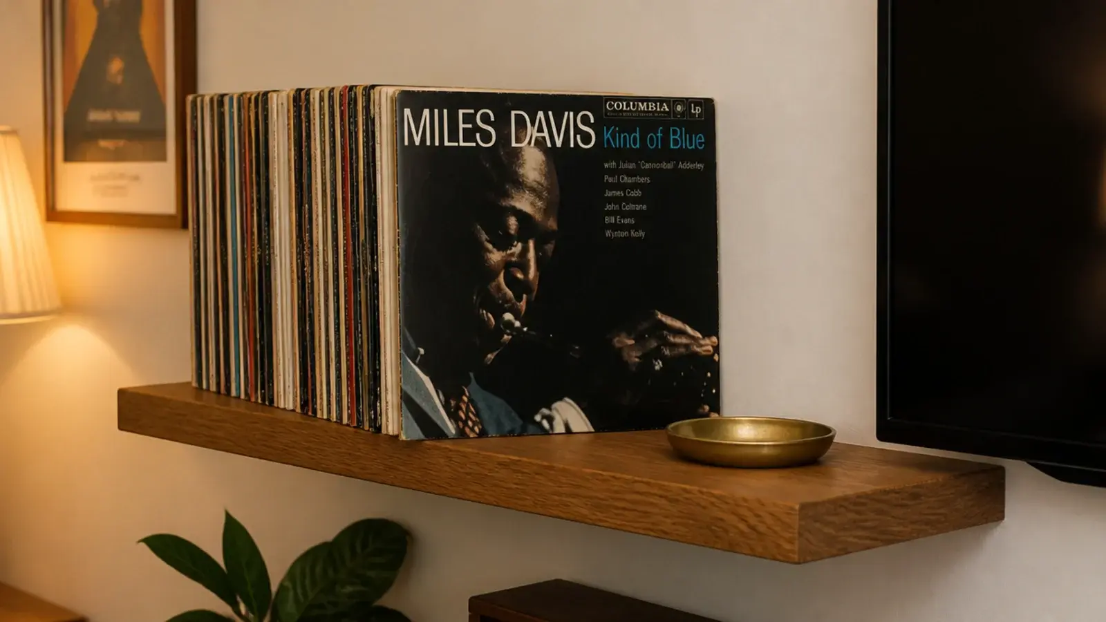 floating shelf of vinyl records mounted beside a flat screen tv