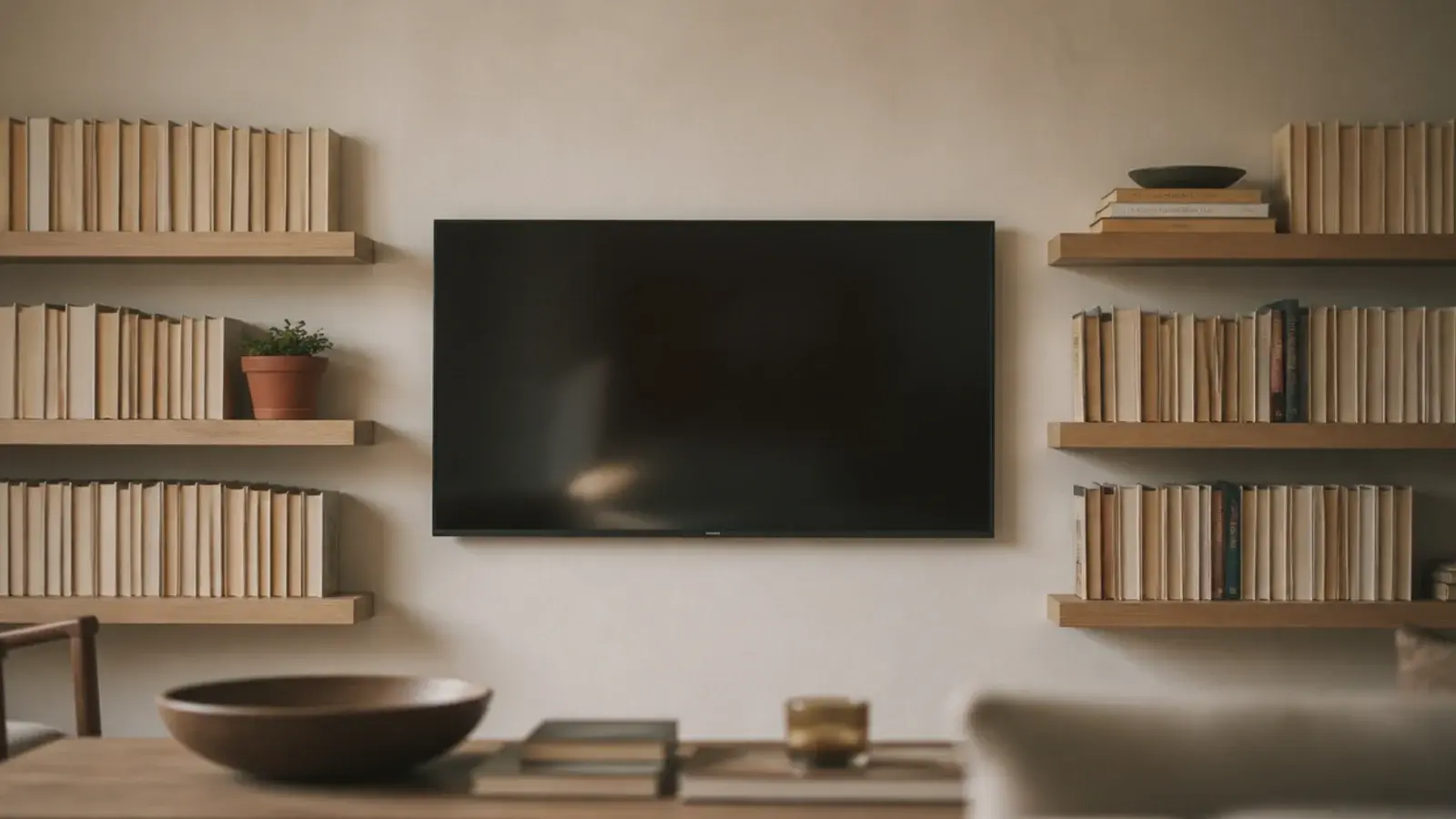 floating shelves of books flanking a television on a living room wall