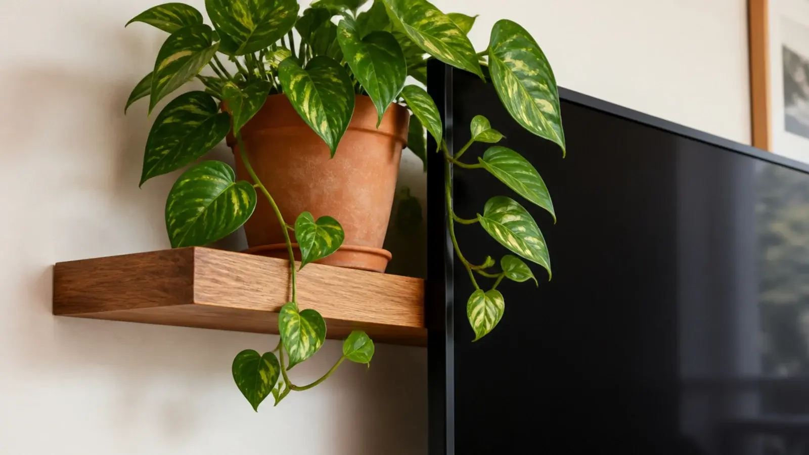 trailing plant on a floating shelf softening the edge of a tv