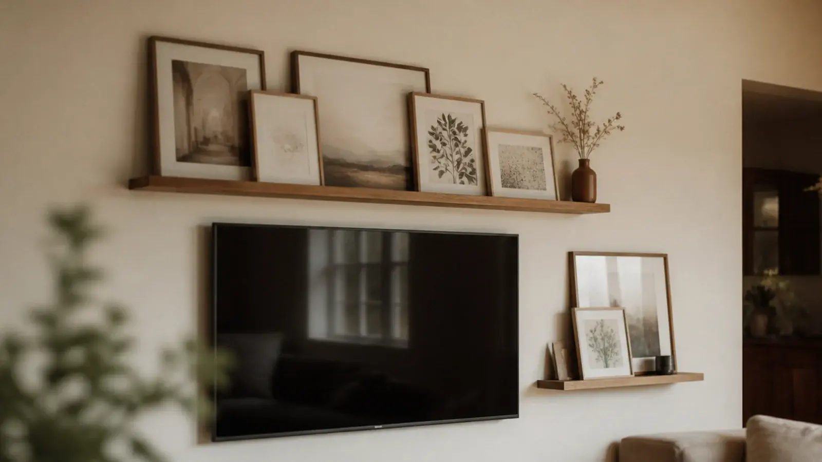 narrow picture ledges with leaning art arranged around a mounted tv