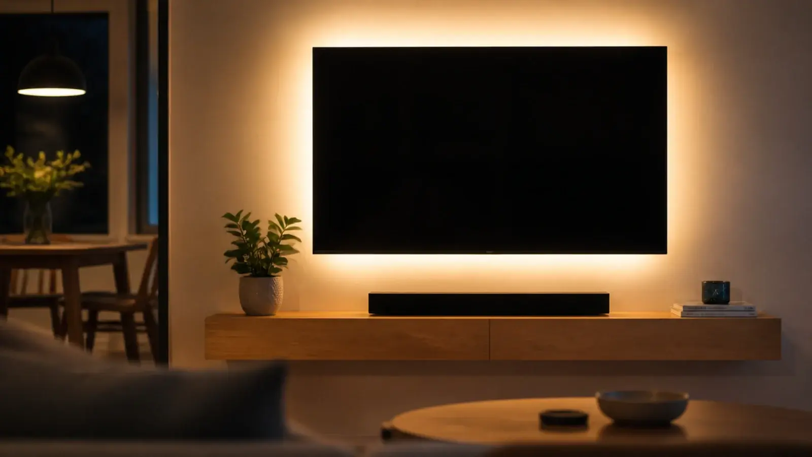 warm light glowing behind a wall mounted tv above a floating shelf