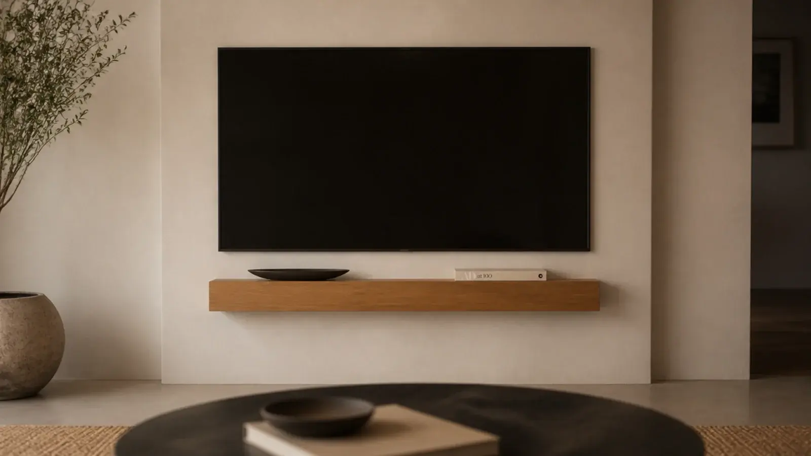 floating shelf sized to match the width of a mounted flat screen