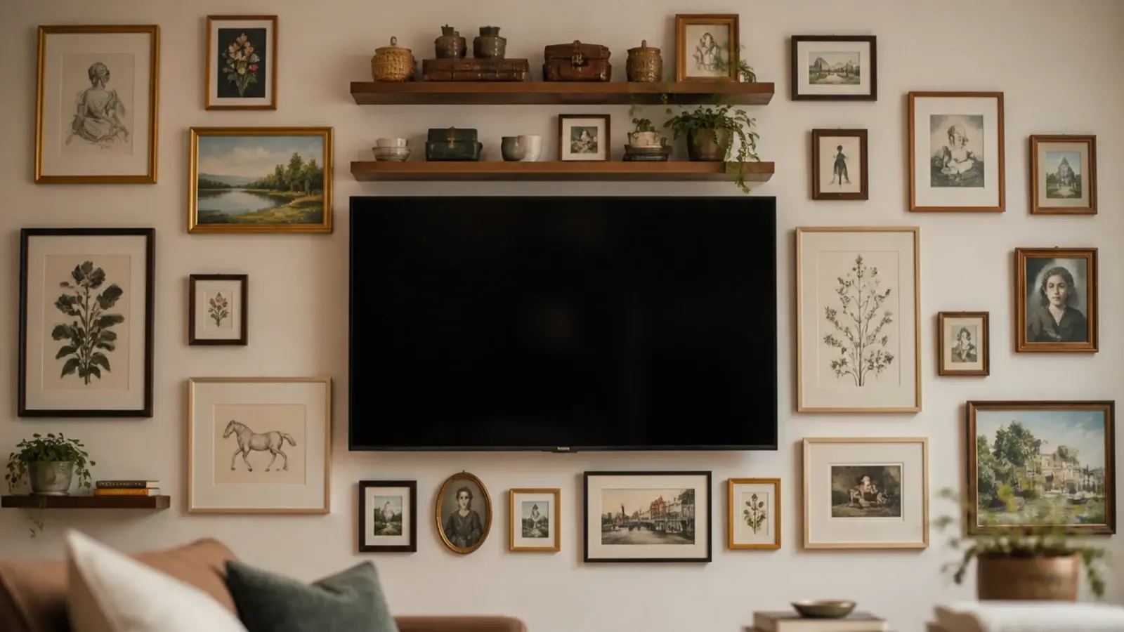 framed prints and floating shelves arranged densely around a television
