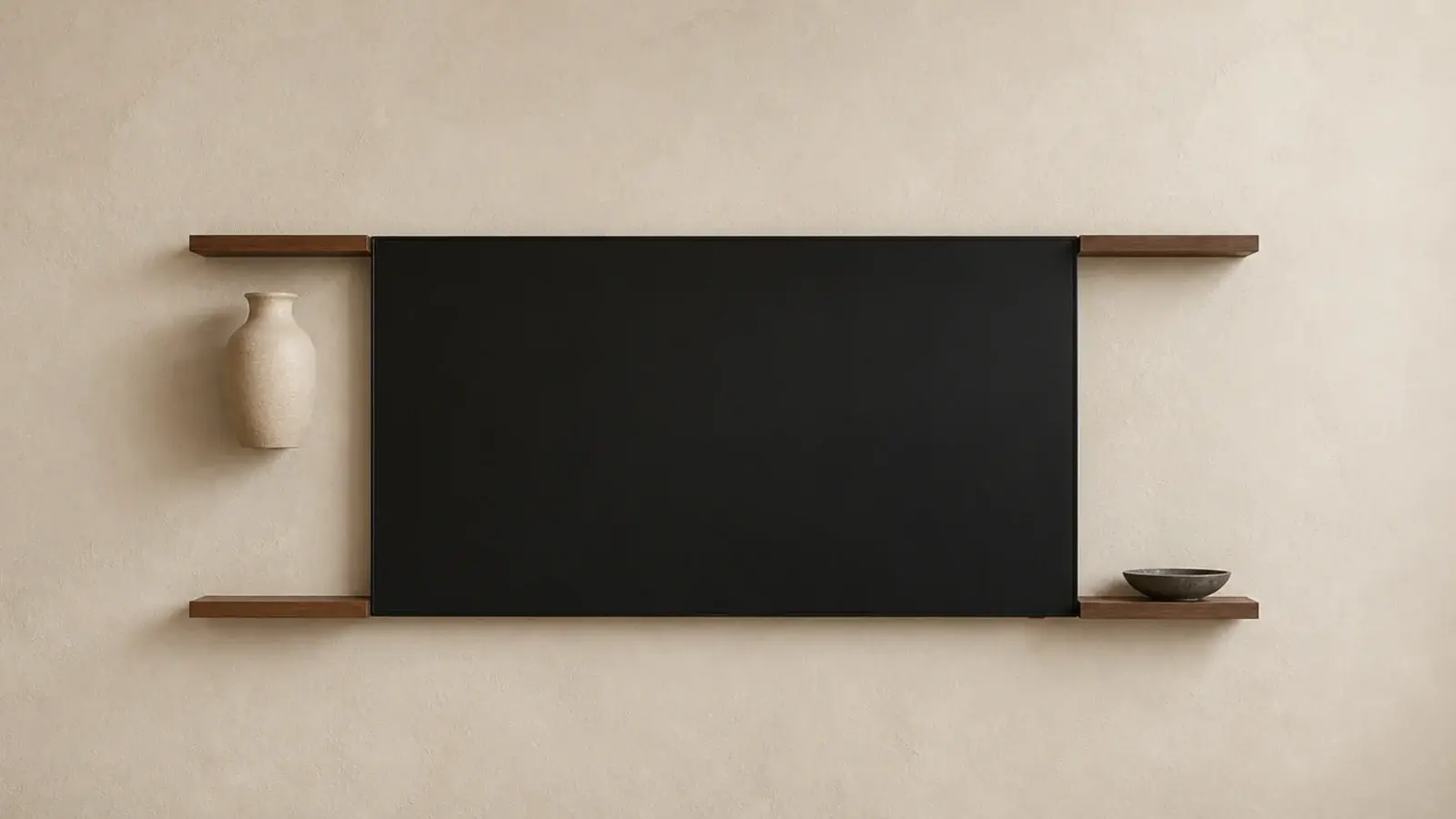 floating shelves aligned exactly with the edges of a mounted tv