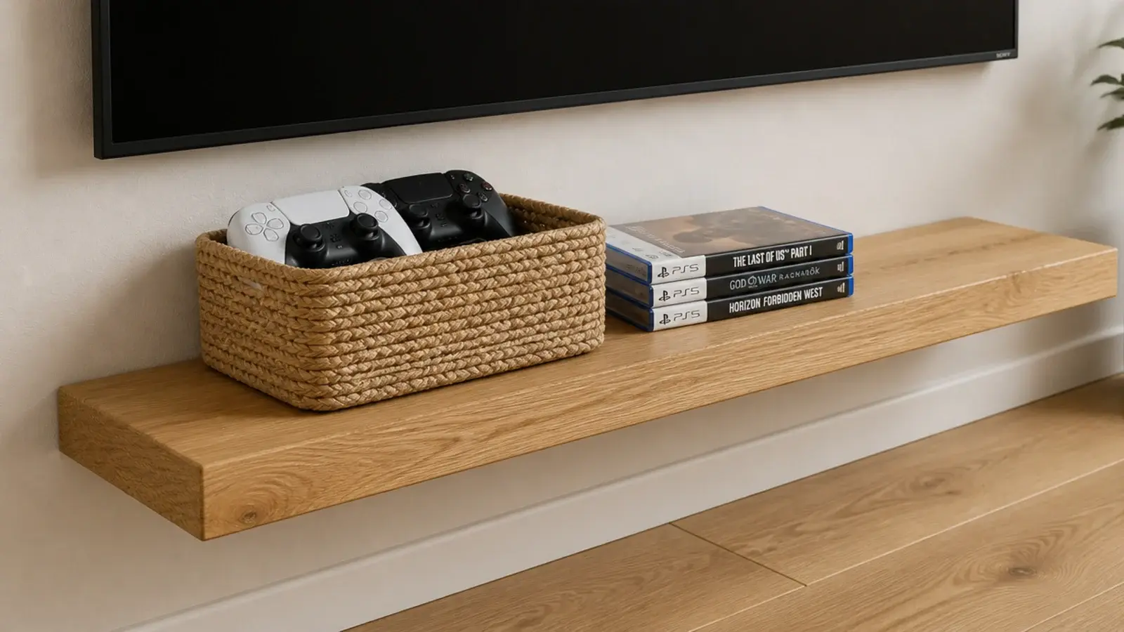 low floating shelf holding a basket of game controllers below a tv