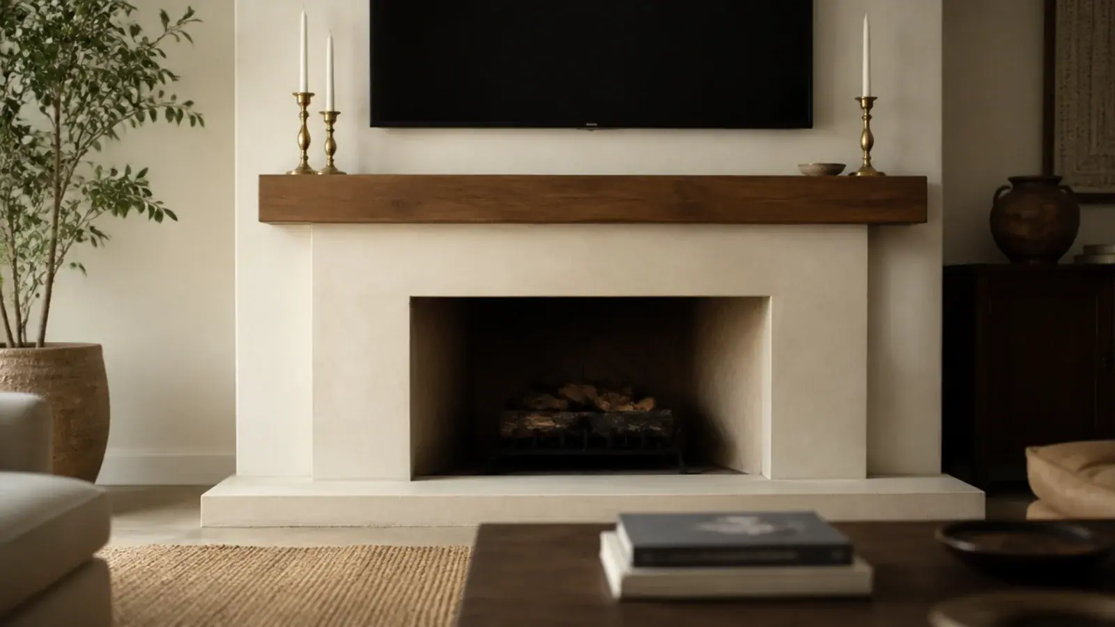 floating shelf between a fireplace and a television mounted above it