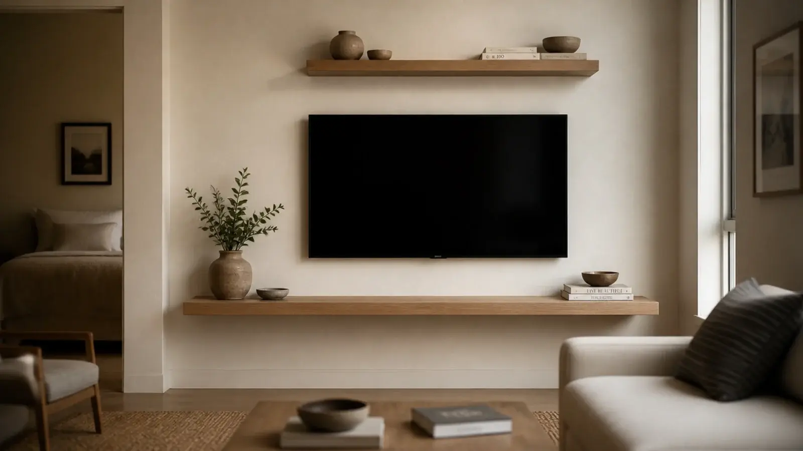 compact floating shelves and a tv sharing one small apartment wall