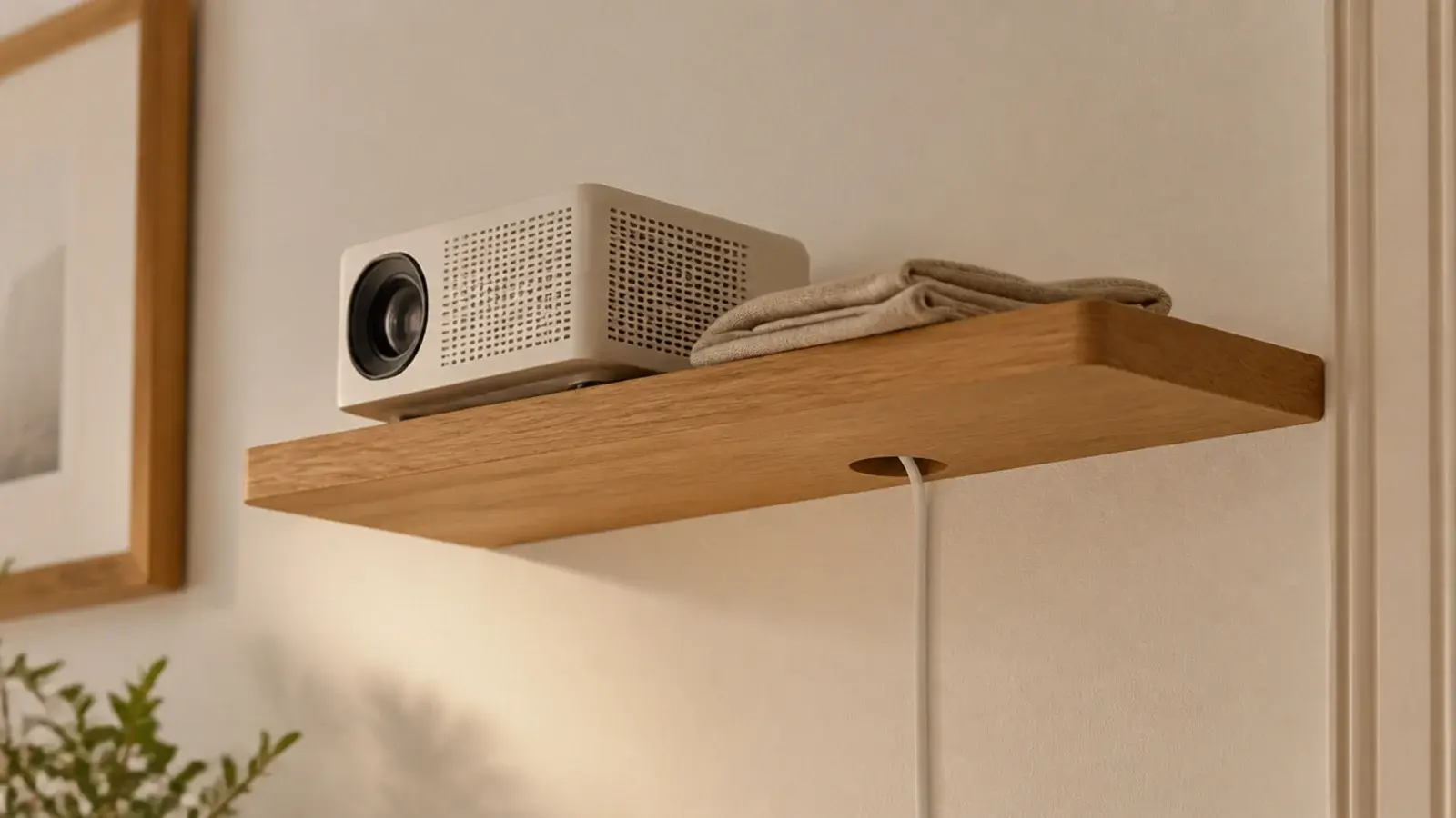 small floating shelf holding a projector opposite a blank wall