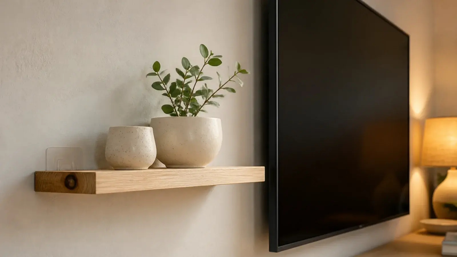 lightweight floating shelf on adhesive strips beside a rental tv wall