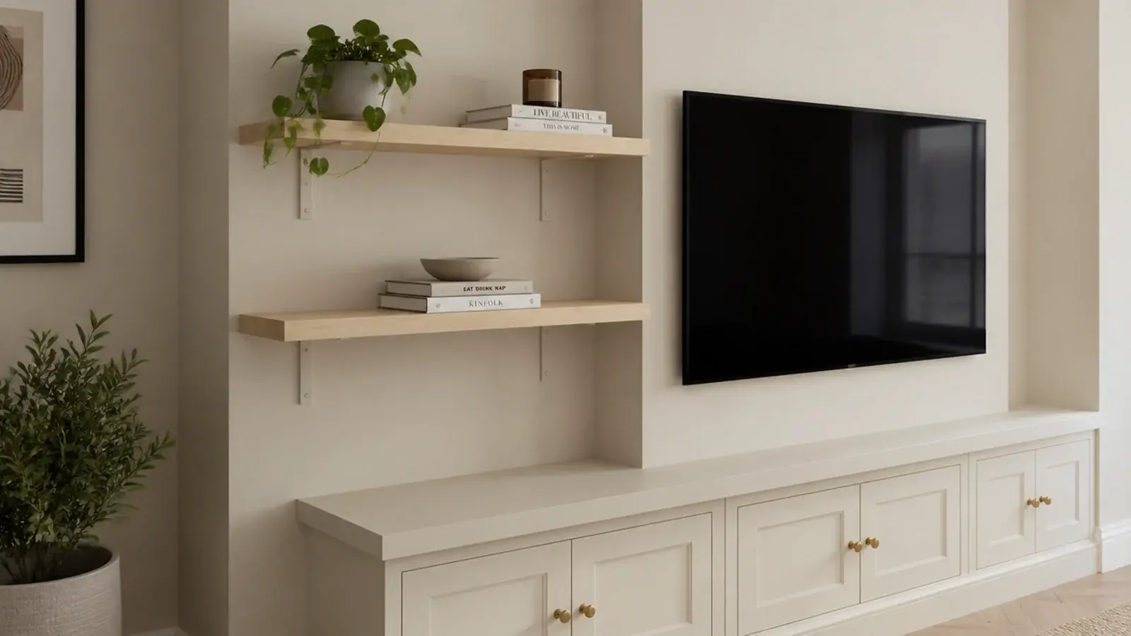 pine floating shelves on painted out brackets around a budget tv wall