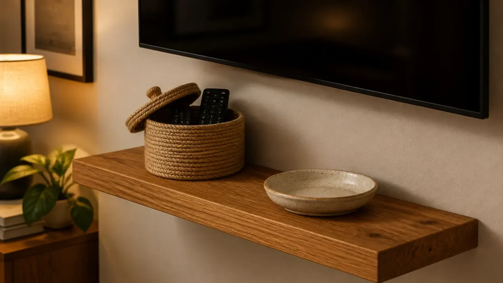 woven basket on a floating shelf holding remotes below a television