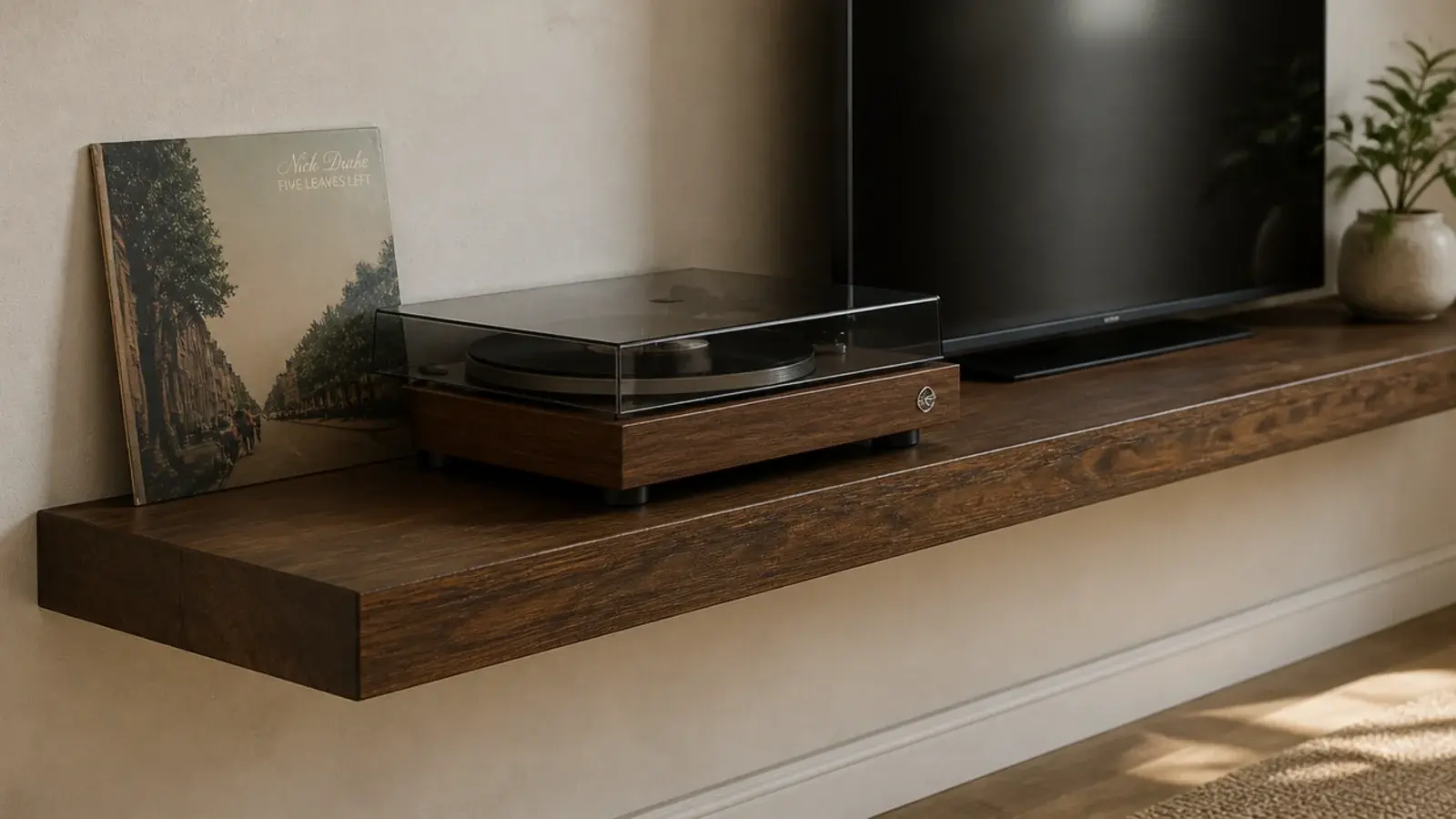 deep floating shelf holding a turntable beside a living room tv