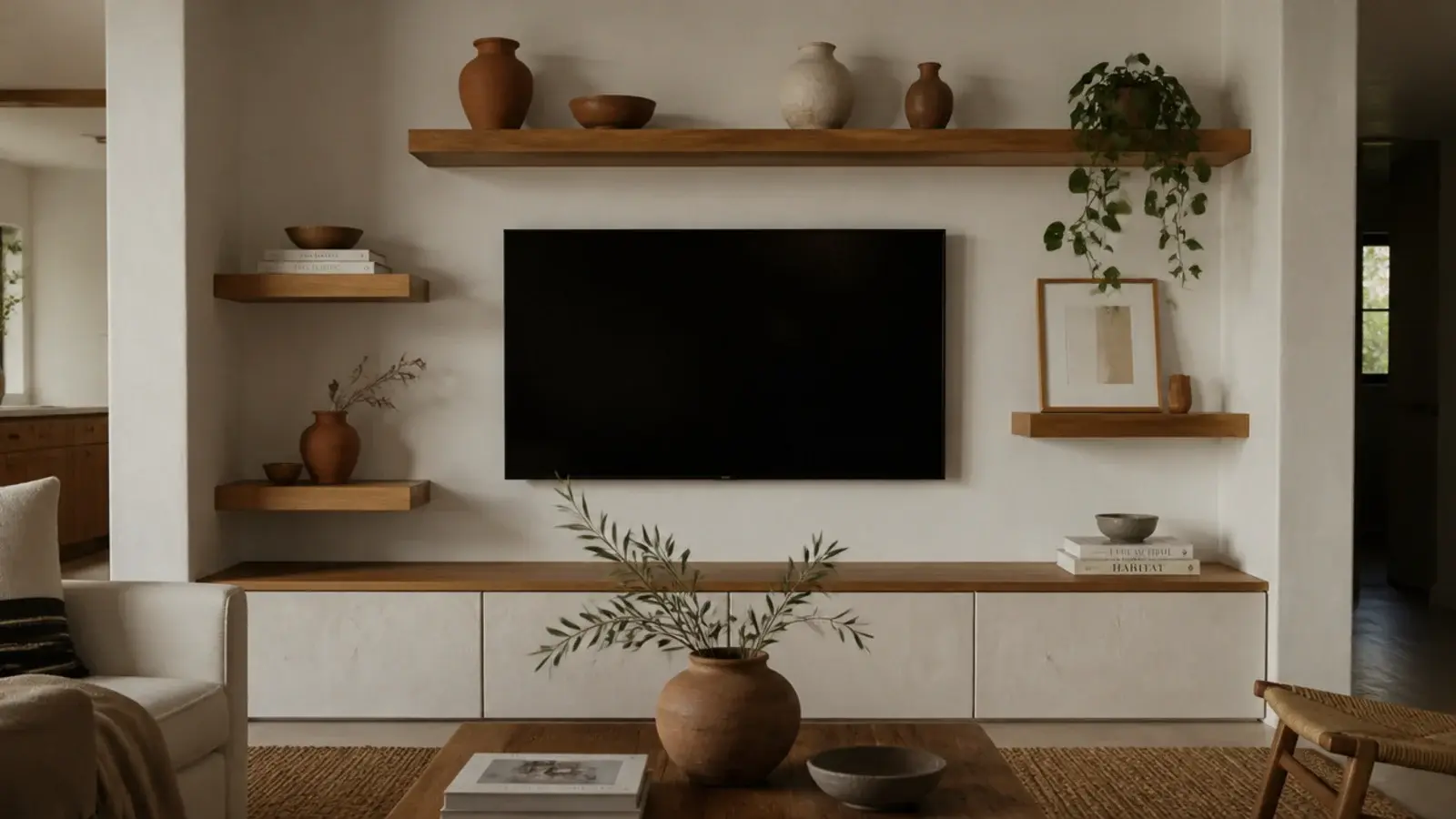 styled media wall where floating shelves balance a mounted television
