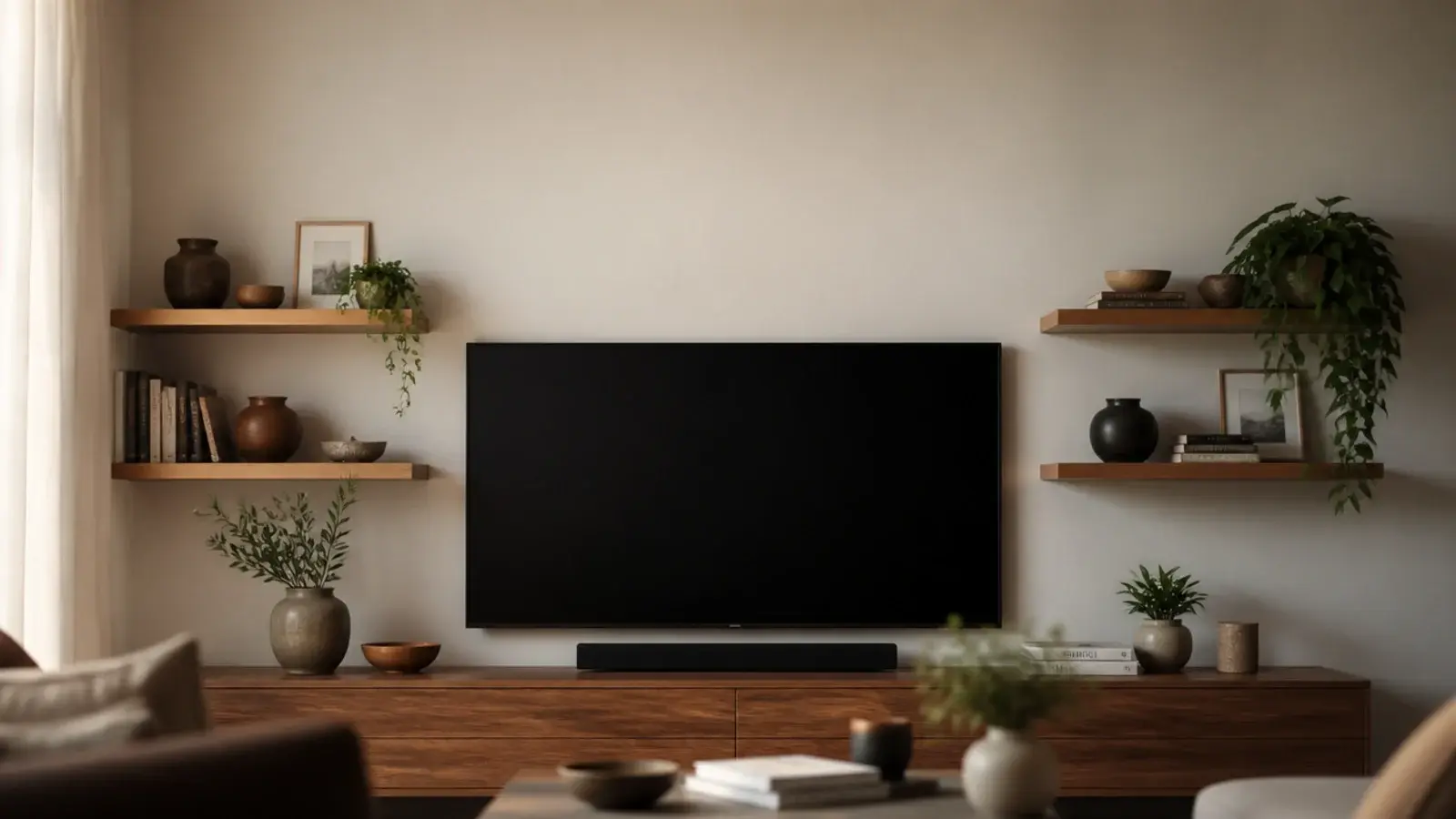 vertical view of floating shelves styled around a wall mounted tv