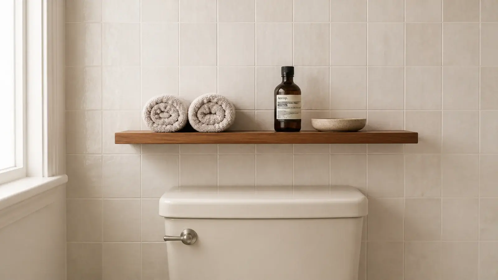 slim floating shelf above a toilet tank holding towels and a bottle