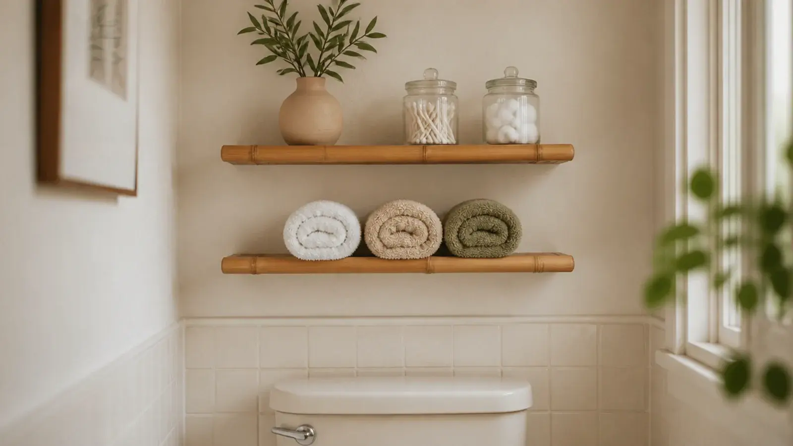 pair of stacked floating shelves above a toilet in a small bathroom