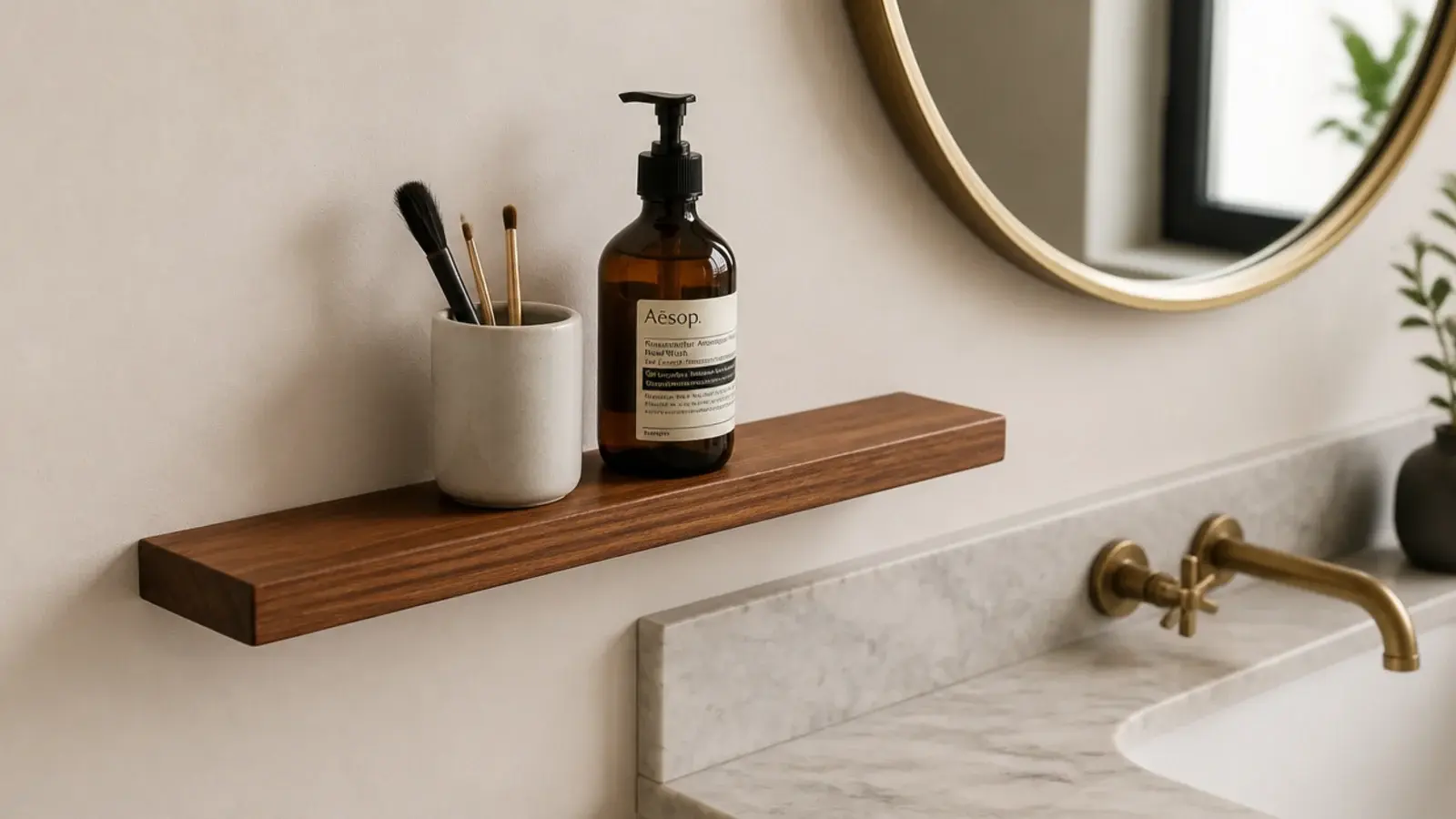 narrow floating shelf mounted beside a bathroom vanity mirror