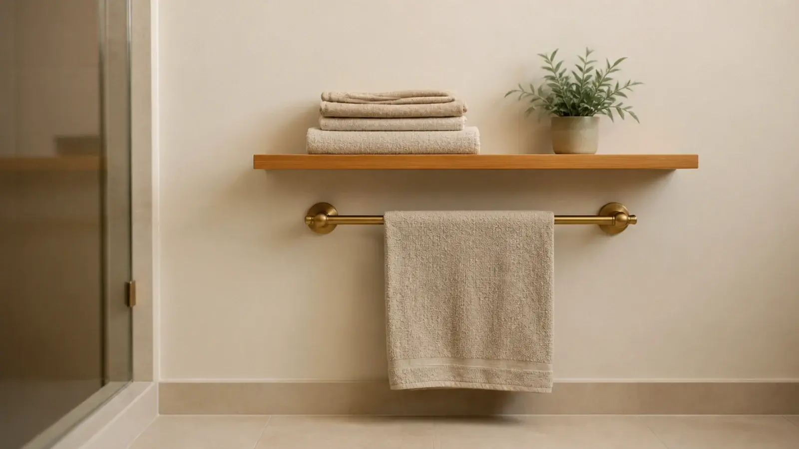 floating shelf mounted above a bathroom towel rail with folded linens