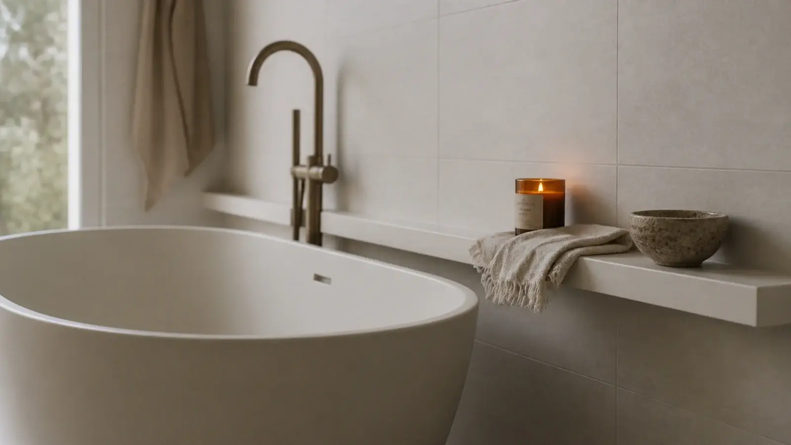 narrow floating ledge running beside a bathtub at rim height