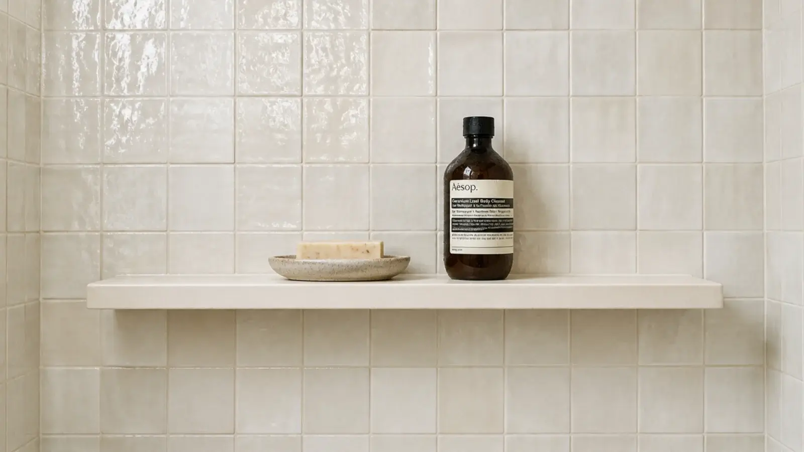 pale solid surface floating shelf built into a tiled shower wall