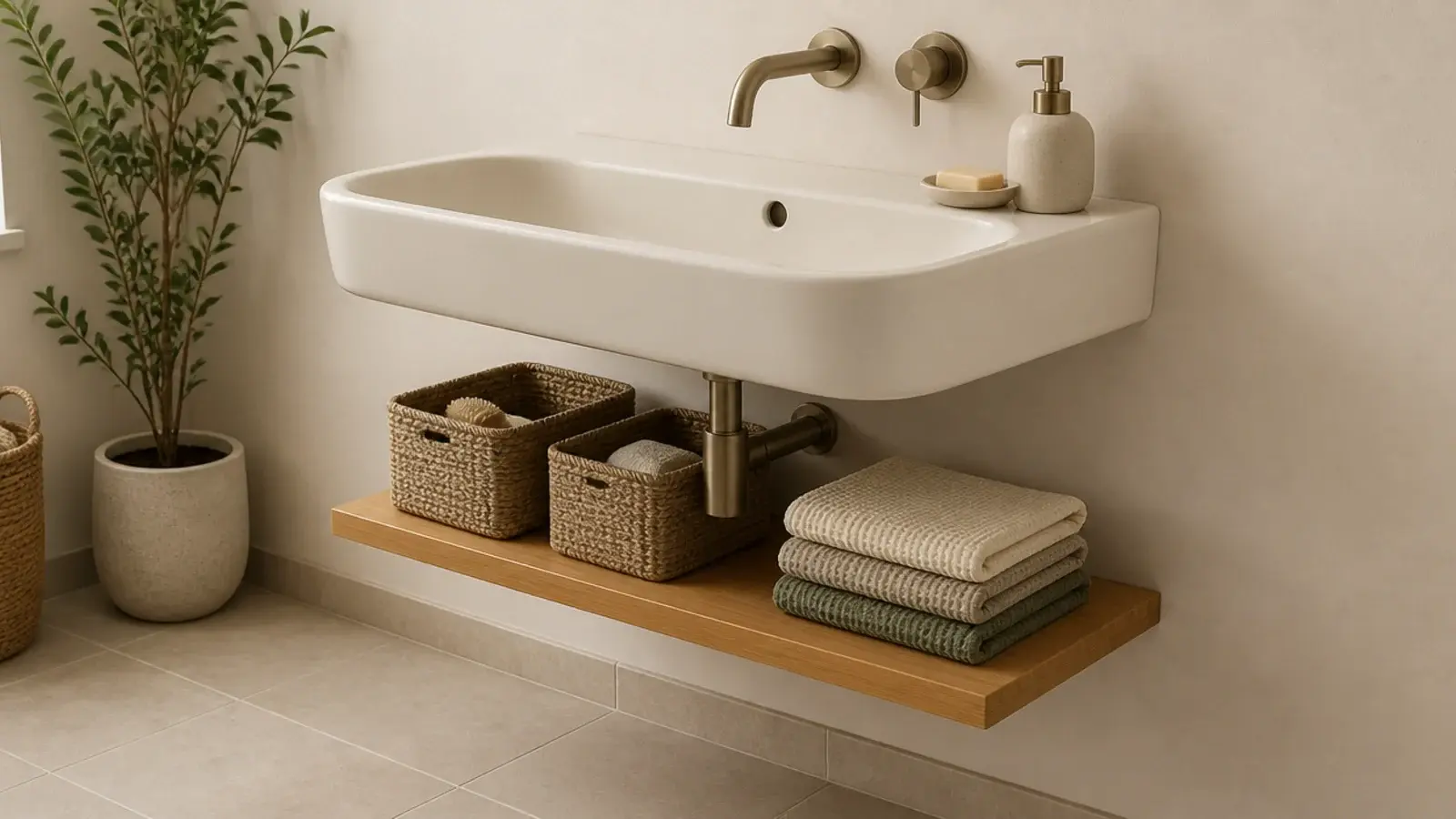 floating shelf fitted below a wall hung bathroom basin holding baskets