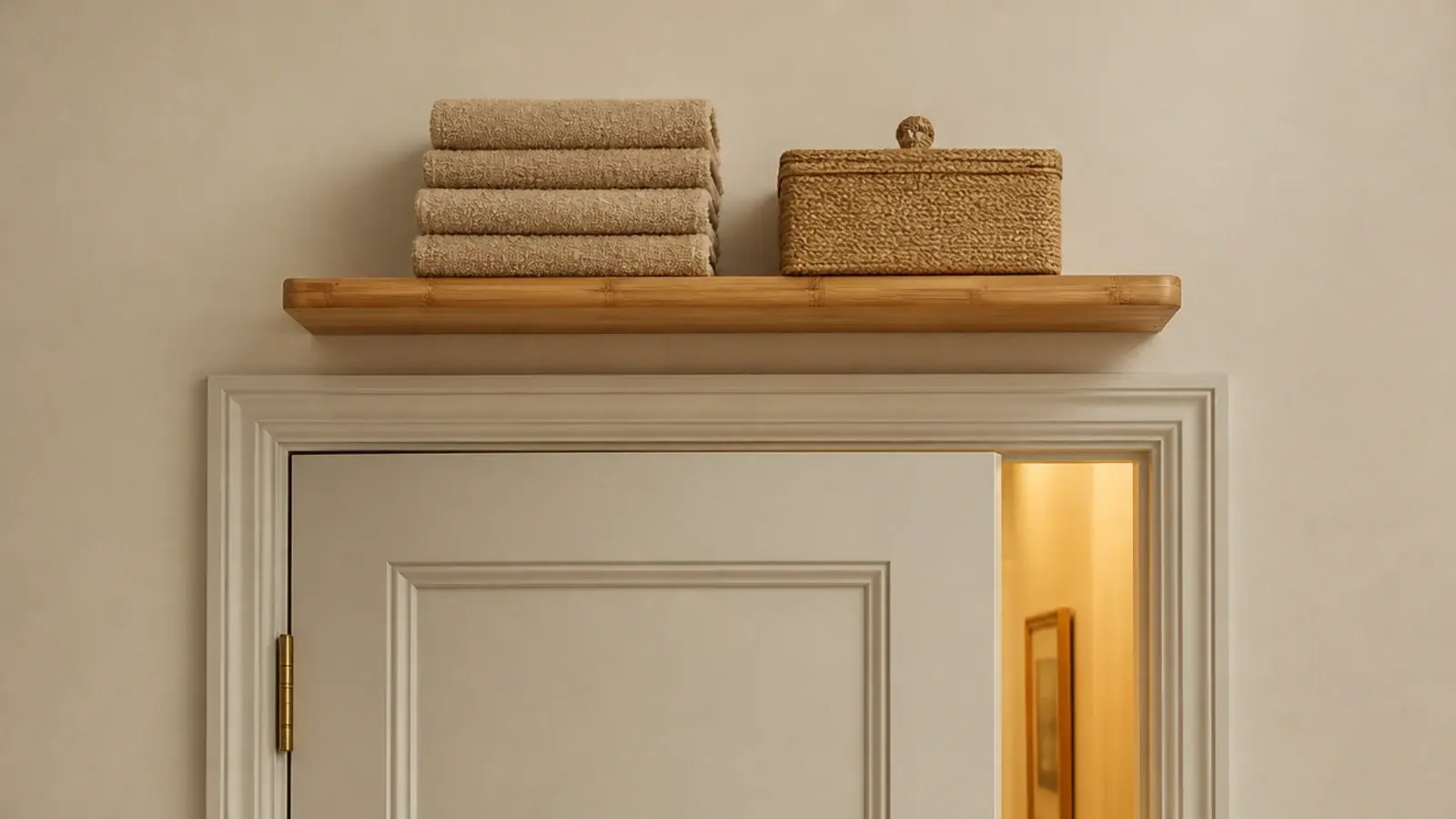 high floating shelf above a bathroom door holding stacked spare towels