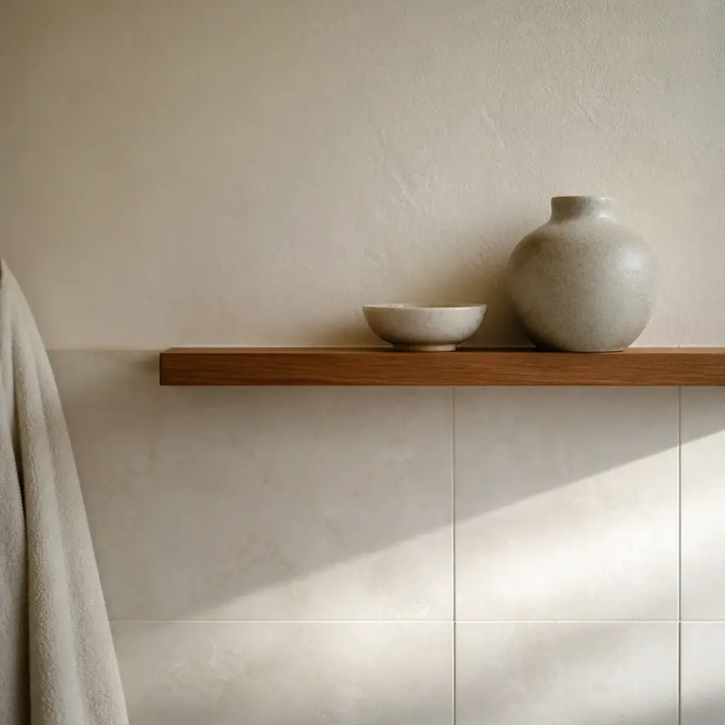 floating shelf set exactly at the top edge of bathroom wall tile