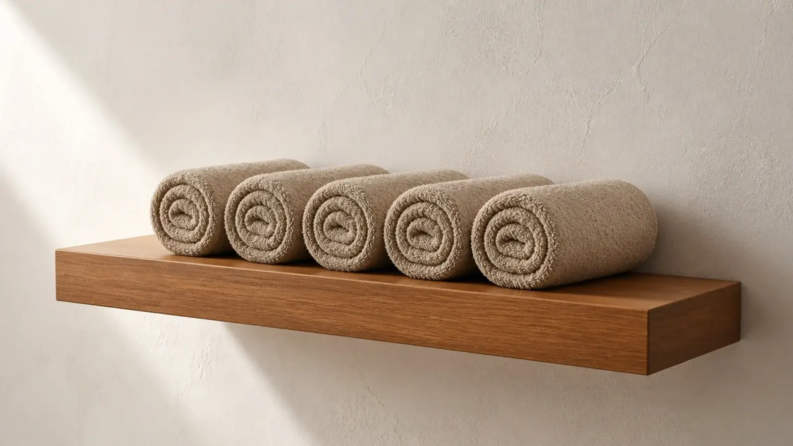 single floating bathroom shelf holding only a row of rolled towels