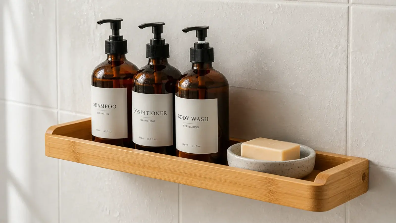 floating bathroom shelf with a raised lip holding pump bottles