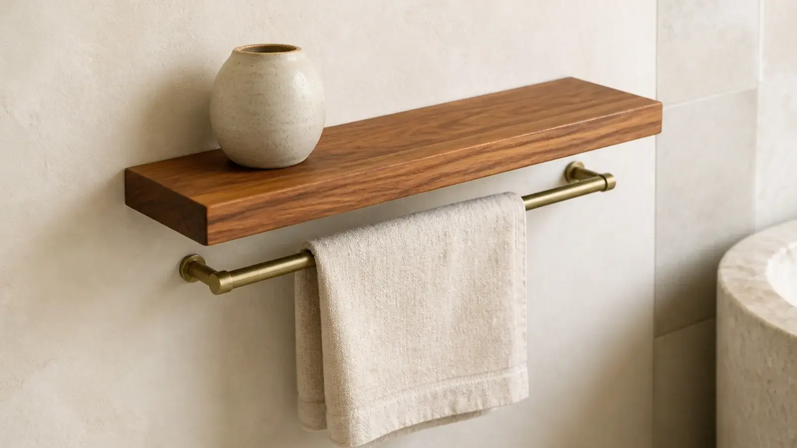 brass rail fixed under a floating bathroom shelf holding a linen towel