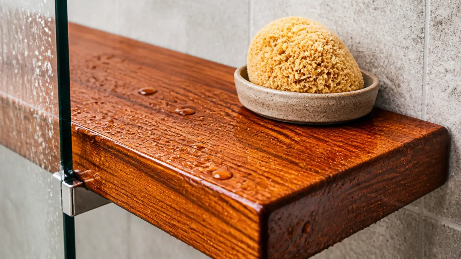 oiled teak floating shelf beading water beside a bathroom shower